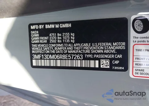 2024 BMW M2 from USA, damaged, VIN 3MF13DM06R8E57263
